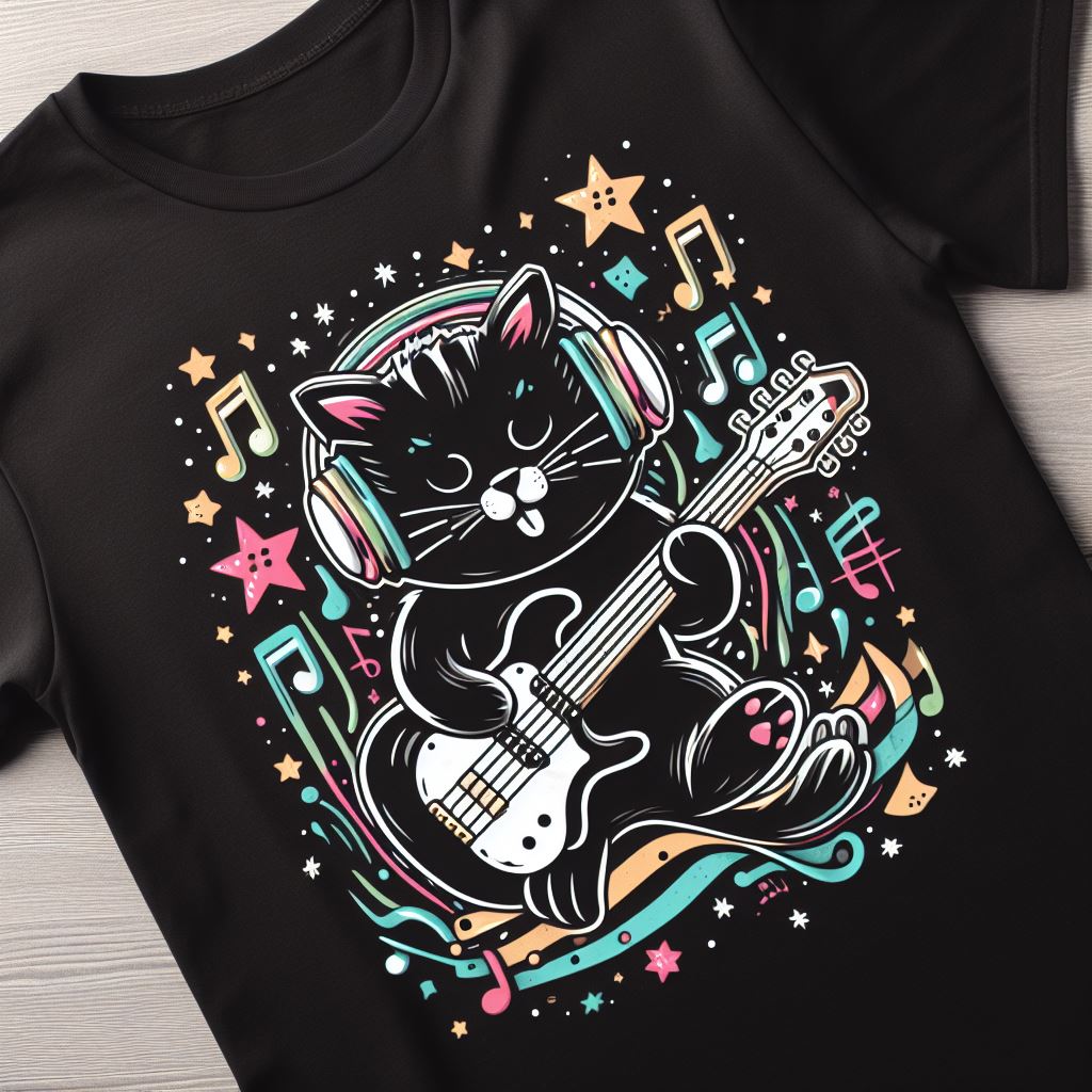 uma camiseta com gatinho tocando guitarra