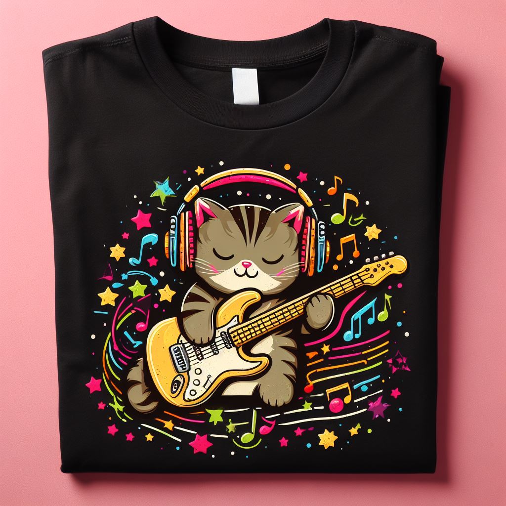 uma camiseta preta de um gatinho tocando uma guitarra amarela
